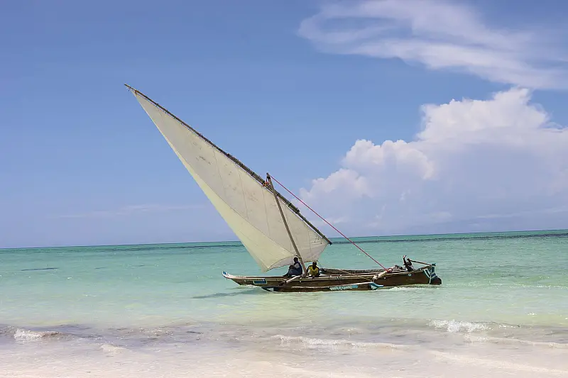 A traditional dhow sailing near the shores of Zanzibar, Tanzania, under clear blue skies.